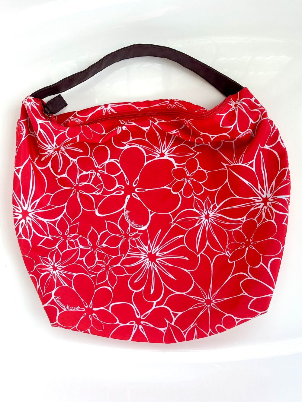 Neiman Marcus Coral/Orange Floral Hobo Tote Bag